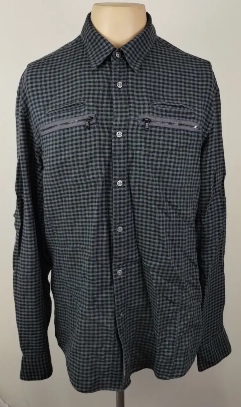 John Varvatos Mens Gray & Black Check Button Up Shirt Zip Chest Pockets Size Med
